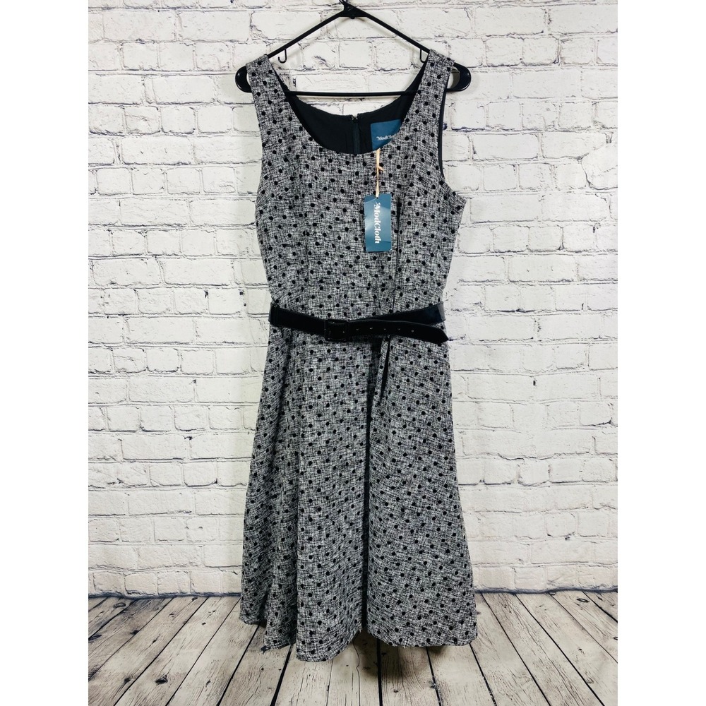 ModCloth Dress Womens 10 Fit and Flare Grey Polka Dot NWT Belted Pockets Tweed - Picture 2 of 10